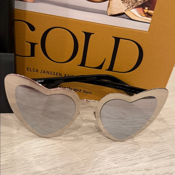 Saint Laurent Heart Shield Sunglasses Silver Mirror Runway Statement Rare YSL main image 7